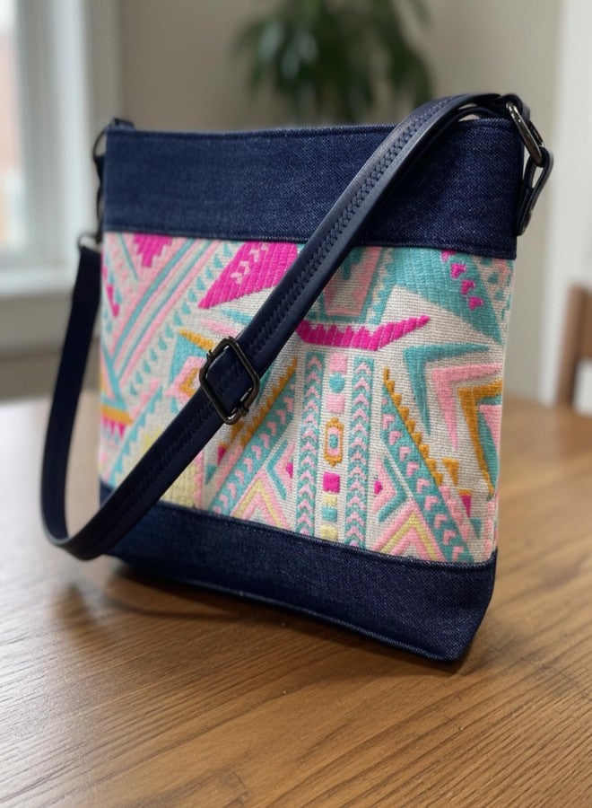 OWT Crossbody Bag for Girls and Women | Made with Durable Denim and Vegan Leather Material | Carefully Handcrafted | Zip Closure | Adjustable Straps | Multicolor handcrafted denim sling bag - Image 2